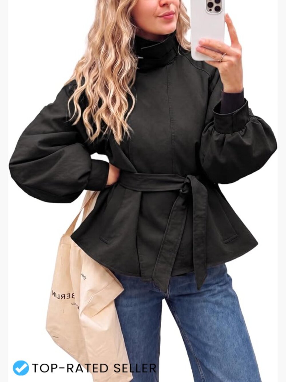 Cropped Trench Coat Womens Lightweight Oversized Lantern Sleeve Belted Trendy